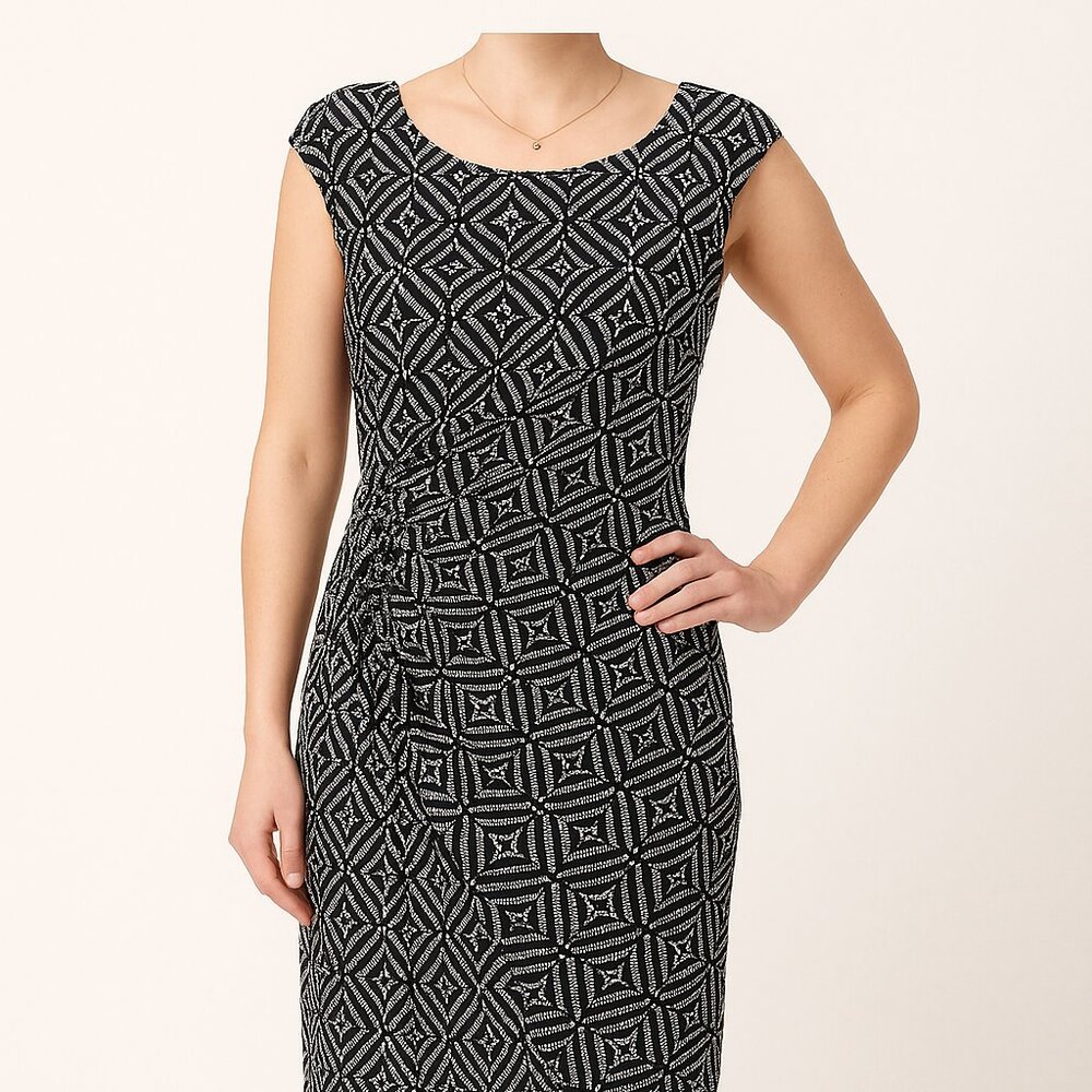 Dressbarn Signature Sadie Black & White Geometric Ruched Dress - Size 10 #521